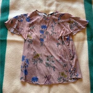 J. Crew Pink/coral Floral Top with Blue and Gray Details